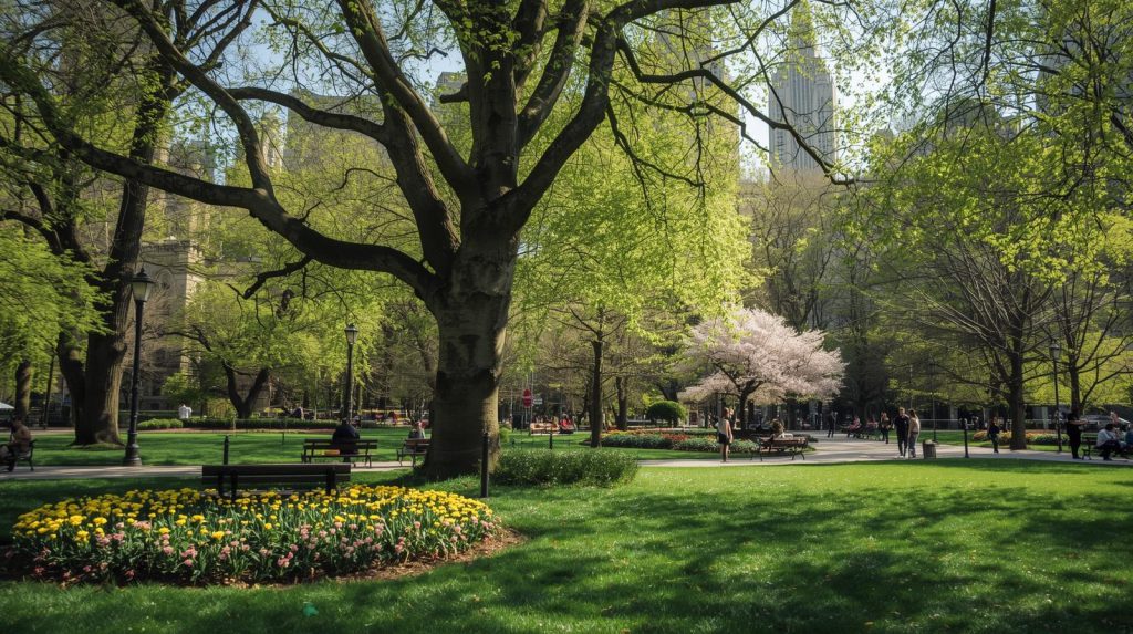 Spring in a New York City park with blooming trees, people relaxing, and skyline in the background