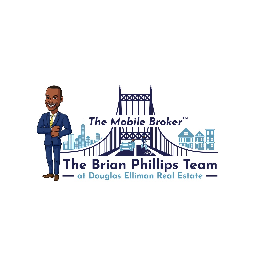 The Brian Phillips Team at Douglas Elliman Real Estate branding logo featuring “The Mobile Broker” with a stylized New York City bridge, skyline, townhouse icons, car, bicycle, and illustrated broker character.
