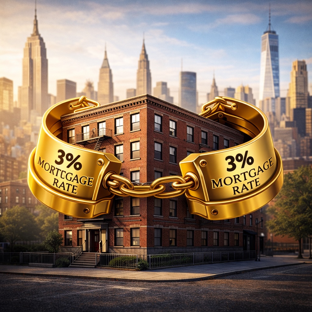 Golden handcuffs engraved with “3% mortgage rate” wrapped around a New York City apartment building symbolizing the mortgage lock-in effect in the housing market.