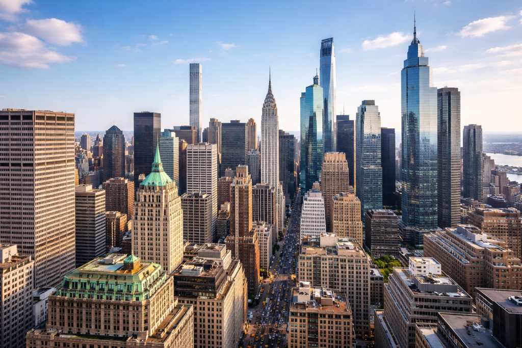 Midtown Manhattan skyline with office towers representing New York City economic growth in 2026