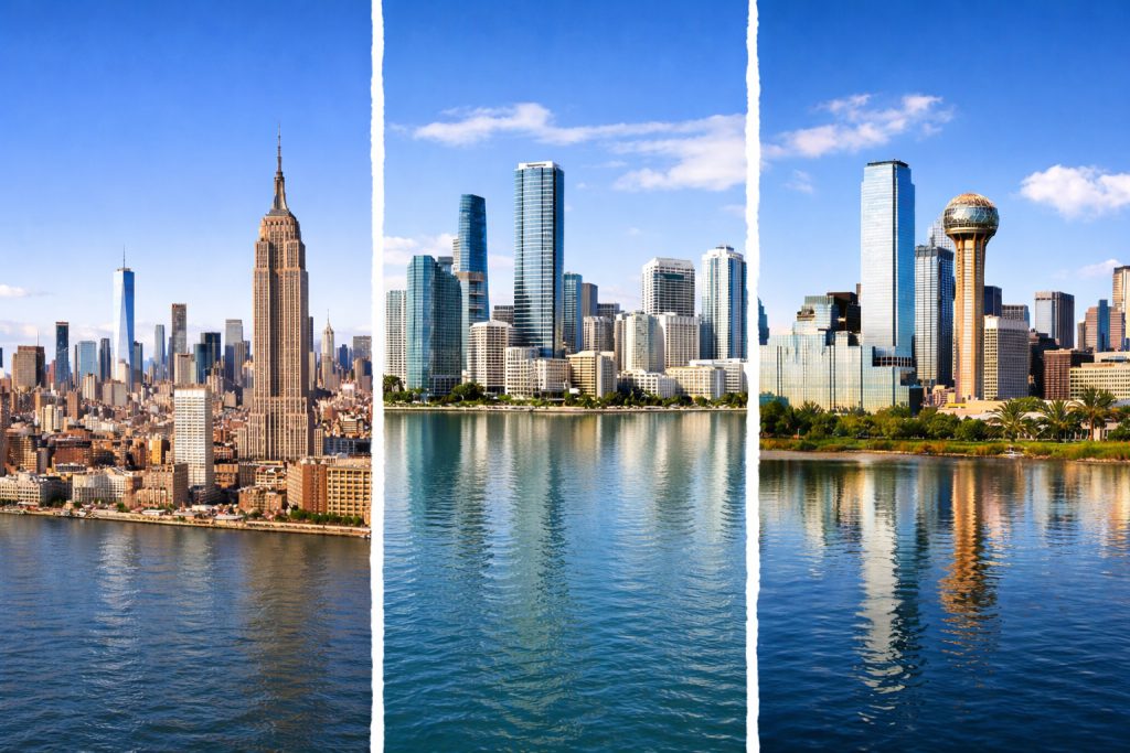 Split skyline image of New York City, Miami, and Dallas under blue skies illustrating migration from high-cost cities to more affordable markets