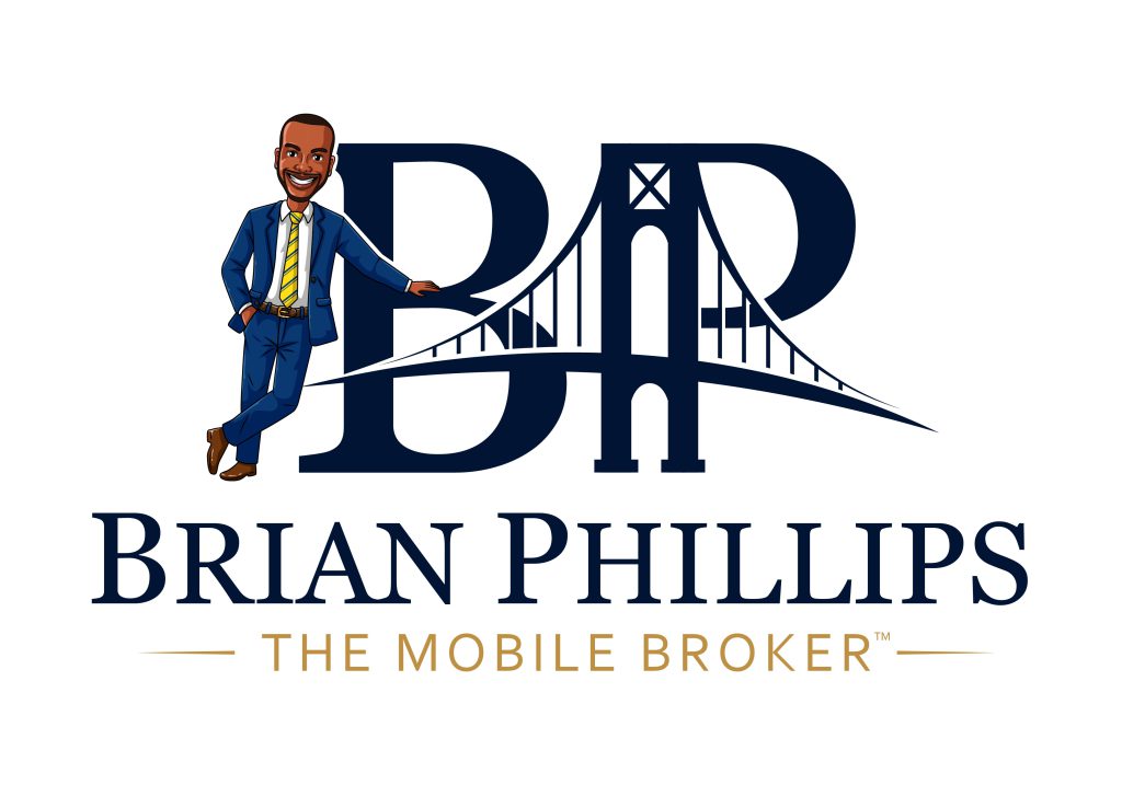 Brian Phillips The Mobile Broker real estate branding logo featuring a caricature illustration and bridge design.