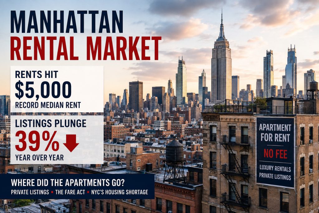 Manhattan rental market in 2026 with $5,000 median rent and 39% decline in rental listings.