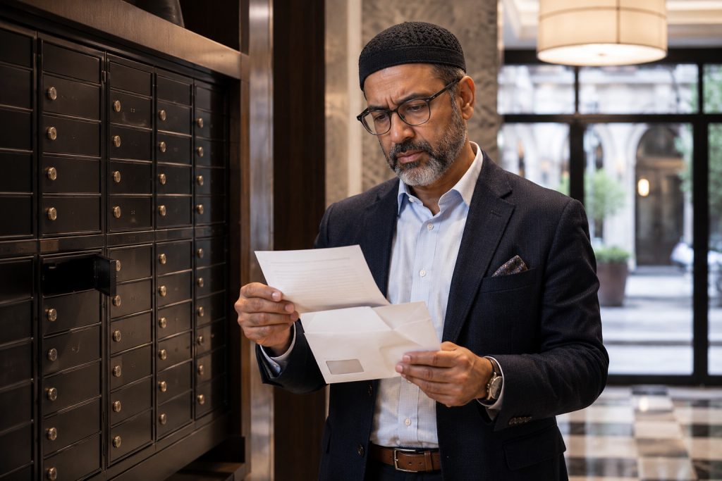 NYC pied-à-terre tax 2026 property owner reviewing a tax notice in a New York City residential building